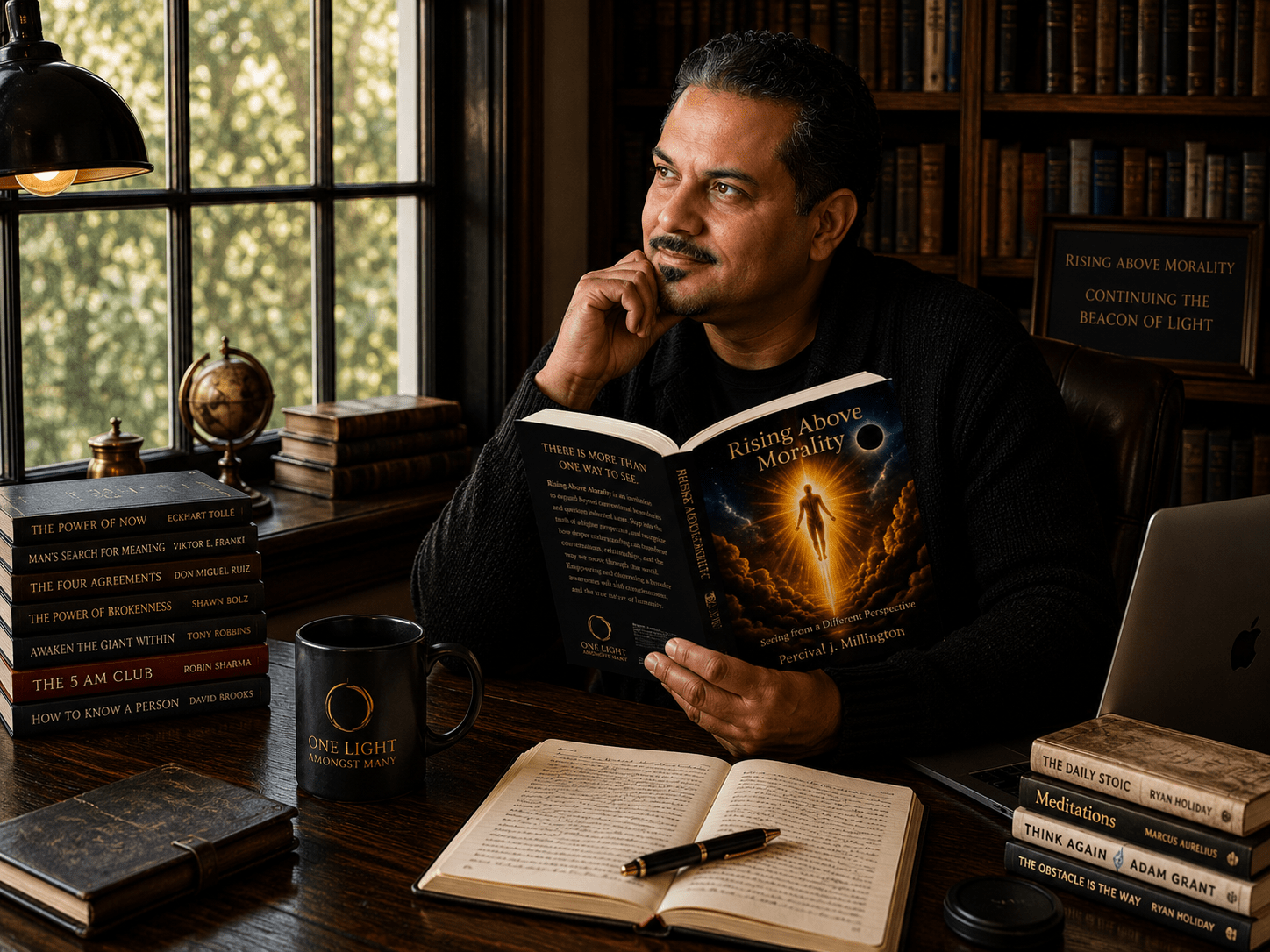 Author Percival J. Millington contemplates his book "Rising Above Morality" in a cozy study, surrounded by shelves of books and a steaming mug.